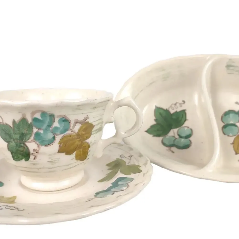 Vtg Metlox Vernonware VINEYARD Divided Jelly Dish Cup & Saucer Set Grapes Leaves